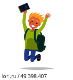 Jumping fair-haired youngster with blush on cheeks isolated on white. Dynamic boy holding blue classbook in one hand. Turquoise backpack on male shoulders. Vector illustration flat and shadow theme. Jumping Fair-haired Youngster with Blush on Cheeks. Стоковая иллюстрация, агентство Ingram Publishing / Фотобанк Лори