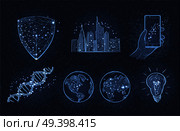 Light sketch of city with skyscrapers, two planets, smartphone in hand, lightbulb, DNA monomer and triangular sign vector illustration.. Light Sketch of City, Planets, Phone in Hand, Bulb. Стоковая иллюстрация, агентство Ingram Publishing / Фотобанк Лори