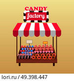 Candy factory stand with tasty donuts, creamy cupcakes and colorful lollipops isolated on yellow background. Delicious sweets for sale vector illustration. Striped trade tent with confectionary.. Candy Factory Bright Stand Isolated Illustration. Стоковая иллюстрация, агентство Ingram Publishing / Фотобанк Лори