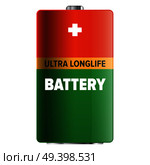 Big ultra longlife battery isolated on white background. Capacious energy container for long term usage of electronic devices. Galvanic appliance to refill power content vector illustration.. Big Ultra Longlife Battery Isolated Illustration. Стоковая иллюстрация, агентство Ingram Publishing / Фотобанк Лори