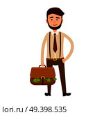 Stylish businessman in trousers with suspenders and with briefcase full of money isolated on white background. Male cartoon character vector illustration. Hipster with beard in trendy clothes.. Bisnessman with Bag Full of Money Illustration. Стоковая иллюстрация, агентство Ingram Publishing / Фотобанк Лори