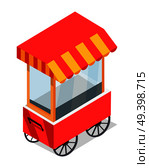 Street cart store isometric icon. Trolley with stall under colorful tent vector isolated on white background. Movable shop on wheels illustration for mobile eatery, fast food cafe, souvenir shop ad. Стоковая иллюстрация, агентство Ingram Publishing / Фотобанк Лори