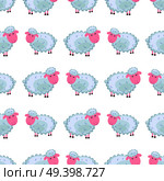 Seamless pattern of funny cute curly lamb or sheep flat vector cartoon sticker outlined with dotted line isolated on white background. Domestic animal or pet illustration for game counters, price tags. Cute sheep Cartoon Flat Vector Sticker or Icon. Стоковая иллюстрация, агентство Ingram Publishing / Фотобанк Лори
