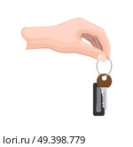 Keys hanging on keyring in human hand flat vector isolated on white background. Man hand holding bunch of modern doors keys on keyring illustration for real estate, buying new apartment concepts. Стоковая иллюстрация, агентство Ingram Publishing / Фотобанк Лори