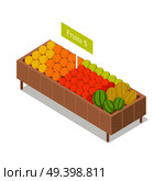 Fruits in shop showcase isometric vector illustration. Oranges and watermelons on supermarket shelve 3d model isolated on white. Grocery store equipment isometry for games, apps, icons, web design. Стоковая иллюстрация, агентство Ingram Publishing / Фотобанк Лори