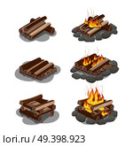 Set firewood of bonfire illustrations, lighted and unlighted fires, with stones around and shadows on white background. Isolated vector illustration of fireplaces in flat design cartoon style. Firewood Lighted and Unlighted Fire Illustration. Стоковая иллюстрация, агентство Ingram Publishing / Фотобанк Лори