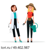 Doctor in white coat and gardener in brown hat, vector illustration. Grower holds garden fork and water can. Internist with medical stethoscope. Set of Two Women. Grower and Doctor in White Coat. Стоковая иллюстрация, агентство Ingram Publishing / Фотобанк Лори