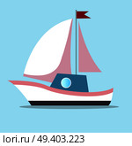 Boat with sails in white-pink color and red flag isolated in blue background. Vector illustration of fast transportation mean moving by water. Boat with sails in white-pink color isolated on blue background. Стоковая иллюстрация, агентство Ingram Publishing / Фотобанк Лори