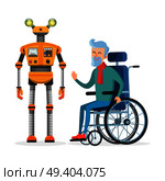 Yellow robot with springs on arms and legs helps disabled person on wheelchair vector illustration isolated on white background.. Yellow Robot Helps Disabled Person Vector. Стоковая иллюстрация, агентство Ingram Publishing / Фотобанк Лори