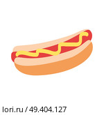 Hot dog with yellow mustard graphic flat design isolated on white. Classic american fast food for poster, menus, brochure, web and icon fastfood. Vector illustration in cartoon style hand drawn image.. Hot Dog with Yellow Mustard Graphic Flat Icon. Стоковая иллюстрация, агентство Ingram Publishing / Фотобанк Лори