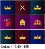 Gold crowns in form of helmet, with gems and peaks, crossed swords and chimneys with red cloth vector illustrations on background of royal colors.. Royal Gold Medieval Attributes Illustrations Set. Стоковая иллюстрация, агентство Ingram Publishing / Фотобанк Лори