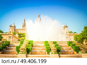 Square of Spain - National museum of Barcelona with beautiful fountain, Spain, toned. Square of Spain, Barcelona. Стоковое фото, агентство Ingram Publishing / Фотобанк Лори