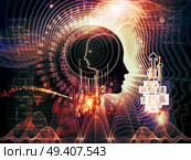 Composition of human feature lines and symbolic elements on the subject of human mind, consciousness, imagination, science and creativity. Стоковое фото, агентство Ingram Publishing / Фотобанк Лори