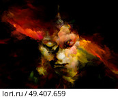 Cross My Name series. Stripe of red paint crossing female form to illustrate broken heart, separation, despair, loneliness. Стоковое фото, агентство Ingram Publishing / Фотобанк Лори