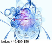 Background design of Zodiac symbols, gears, lights and abstract design elements on the subject of astrology, child birth, fate, destiny, future, prophecy, horoscope and occult beliefs. Стоковое фото, агентство Ingram Publishing / Фотобанк Лори