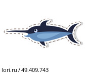 Cute cartoon sticker or icon. Funny broadbill fish flat vector isolated on white background. Ocean fish with illustration outlined with dotted line for fishing stores price tags, kids books. Cute Swordfish Cartoon Flat Vector Sticker or Icon. Стоковая иллюстрация, агентство Ingram Publishing / Фотобанк Лори