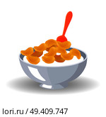 Cornflakes cereals in deep bowl with milk and red spoon isolated on white. Vector colorful illustration of healthy breakfast dish.. Cornflake Cereals in Bowl with Milk and Spoon. Стоковая иллюстрация, агентство Ingram Publishing / Фотобанк Лори