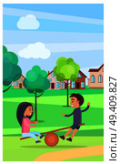 Male and female children playing on teetering board amuse and spend summer time outdoor in park with trees and buildings on background. Kids on Teetering Board Amusing in Summer Park. Стоковая иллюстрация, агентство Ingram Publishing / Фотобанк Лори