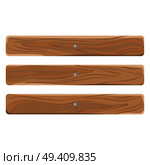 Wooden signs collection of three long lines attached by nails isolated on white. Realistic vector poster of empty artboards for notices. Wooden signs collection of three attached by nails. Стоковая иллюстрация, агентство Ingram Publishing / Фотобанк Лори