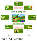 Rest in park vector poster with human activities outdoors infographics poster of small images presenting relaxation in summer time. Rest in Park Poster with Activities Infographics. Стоковая иллюстрация, агентство Ingram Publishing / Фотобанк Лори