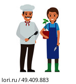 Chef in uniform and young gardener in protective apron vector illustration. Cook holds dark kitchen spoon, grower with plant and garden shovel.. Chef Cook and Gardener. Two Smiling Persons Vector. Стоковая иллюстрация, агентство Ingram Publishing / Фотобанк Лори