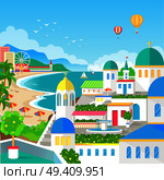 Spectacular view of resort town with long beach, amazing old-fashioned architecture, air balloons in sky and green spaces vector illustration.. Spectacular View of Resort Town with Long Beach. Стоковая иллюстрация, агентство Ingram Publishing / Фотобанк Лори