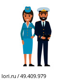 Vector illustration of professions stewardess and sea captain isolated on white. Air hostess in uniform and mariner with binocular.. Stewardess in Cap and Sea Captain with Binoculars. Стоковая иллюстрация, агентство Ingram Publishing / Фотобанк Лори