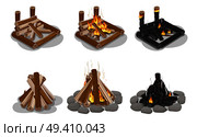 Brown and black firewood set isolated on white. Vector banner of touristic campfires with and without burning flame. Types of camp fires made of chopped trees. Firewood collection in flat design. Brown and Black Firewood Set Isolated on White. Стоковая иллюстрация, агентство Ingram Publishing / Фотобанк Лори