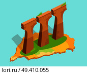 Three stone or concrete supports, green grass in Taiwan flat and shadow theme on blue background. Vector illustration of Formosa architecture green island. Flat design cartoon style for web.. Three Stone or Concrete Supports in Taiwan Flat. Стоковая иллюстрация, агентство Ingram Publishing / Фотобанк Лори