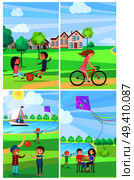 Children having fun in summer park vector poster of four images. Kids on teetering board, playing ball, girl riding bike, boy flying kite. Children Having Fun in Summer Park Poster. Стоковая иллюстрация, агентство Ingram Publishing / Фотобанк Лори