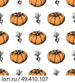 Big ripe orange pumpkin and small monochrome sweet beet vector illustrations formed in endless texture. Organic food seamless pattern.. Ripe Pumpkin and Monochrome Beet Endless Texture. Стоковая иллюстрация, агентство Ingram Publishing / Фотобанк Лори