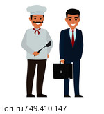 Chef food in uniform and manager in business suit. Whiskered person holds dark ladle and businessman with briefcase vector illustration. Set of Chef Food and Manager. Smiling Persons. Стоковая иллюстрация, агентство Ingram Publishing / Фотобанк Лори