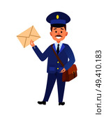 Postman cartoon character in blue uniform delivering letter flat vector illustration isolated on white background. Mailman with mailbag holding paper envelope. Smiling mustached postal courier icon  . Стоковая иллюстрация, агентство Ingram Publishing / Фотобанк Лори