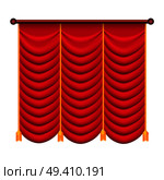 Heavy drape of red fabric with gold tie back rope and tassels vector isolated on white. Classic curtain in victorian style on cornice illustration for window dressing and interior design concepts. Стоковая иллюстрация, агентство Ingram Publishing / Фотобанк Лори