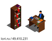 Young student studies with laptop at wooden desk beside bookcase full of textbooks in library isolated vector illustration on white background.. Student Studies with Laptop at Desk in Library. Стоковая иллюстрация, агентство Ingram Publishing / Фотобанк Лори