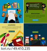 Learning and online education lesson web banner of four pictures. Boy writing word on paper and office supplies around, boy and girl near blackboard, teenager in headphones using laptop studies online. Learning and Online Education Lesson Web Banner. Стоковая иллюстрация, агентство Ingram Publishing / Фотобанк Лори