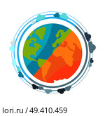 Icon of Earth planet with continents and oceans. Circles that surround globe represent atmosphere with clouds. Vector illustration isolated on white background. Earth Planet Globe Icon Vector Illustration. Стоковая иллюстрация, агентство Ingram Publishing / Фотобанк Лори