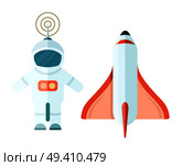 Astronaut and space rocket isolated on white. Vector poster of human in suit and flying transportation mean for discovering cosmos. Astronaut and Space Rocket Isolated on White. Стоковая иллюстрация, агентство Ingram Publishing / Фотобанк Лори
