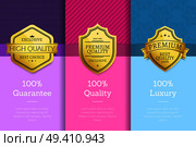 100 percent guarantee quality luxury golden labels set of logos design on color posters with text vector illustrations collection on abstract backgrounds. 100 Percent Guarantee Quality Luxury Golden Labels. Стоковая иллюстрация, агентство Ingram Publishing / Фотобанк Лори