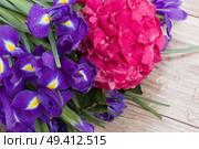 pink hortensia and violet irise  flowers on wooden bench. Стоковое фото, агентство Ingram Publishing / Фотобанк Лори
