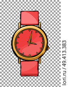 Pink and gold glamorous women watch isolated on transparent background. Luxurious and trendy arm accessory for elegant and sophisticated look. Vector illustration of fashionable expensive wrist watch.. Pink Glamorous Women Watch Isolated Illustration. Стоковая иллюстрация, агентство Ingram Publishing / Фотобанк Лори
