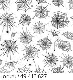 Black spiders thin webs isolated cartoon flat vector illustrations on white background. Scary traditional Halloween decorations seamless pattern. Black Spiders Webs Isolated Illustrations Set. Стоковая иллюстрация, агентство Ingram Publishing / Фотобанк Лори