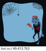 Halloween poster representing zombie holding brain in his hand and icon of spider with cobwebs, vector illustration isolated on blue. Halloween Poster and Zombie Vector Illustration. Стоковая иллюстрация, агентство Ingram Publishing / Фотобанк Лори