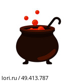 Closeup of witch cauldron, pot with potion in it, bubbles and big spoon, witchery on vector illustration isolated on white background. Closeup of Witch Cauldron on Vector Illustration. Стоковая иллюстрация, агентство Ingram Publishing / Фотобанк Лори