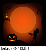 Halloween poster background with zombie silhouette, luminous pumpkin, candle on tree branch, black bat and moon silhouette vector illustration.. Halloween Poster Background with Zombie Silhouette. Стоковая иллюстрация, агентство Ingram Publishing / Фотобанк Лори