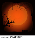 Postcard on Halloween template with leafless twigs of trees and spider on his net. Background of vector illustration is yellow moon. Postcard on Halloween Template Vector Illustration. Стоковая иллюстрация, агентство Ingram Publishing / Фотобанк Лори