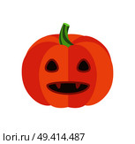 Halloween pumpkin with green stem, triangular eyes and sharp canines isolated cartoon flat vector illustration on white background.. Pumpkin with Triangular Eyes and Sharp Canines. Стоковая иллюстрация, агентство Ingram Publishing / Фотобанк Лори