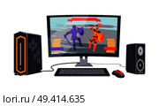 Gaming personal computer with wide monitor with game on it. Vector illustration with professional cybersport equipment isolated on white background. Gaming Personal Computer Vector Illustration. Стоковая иллюстрация, агентство Ingram Publishing / Фотобанк Лори
