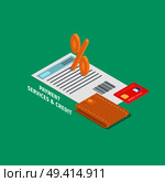 Payment and credit services banner. Percent sign on paper sheet with contract and wallet with credit card isometric projection vectors. Business attributes 3d illustration for financial concepts. Стоковая иллюстрация, агентство Ingram Publishing / Фотобанк Лори