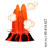Strong jet of hot lava going down to bottom of volcano, white clouds isolated. Erupting rock pinnacle volcano disaster with burning fire. Vector illustration of geological formations in cartoon style. Strong Jet of Lava Going Down to Bottom of Volcano. Стоковая иллюстрация, агентство Ingram Publishing / Фотобанк Лори